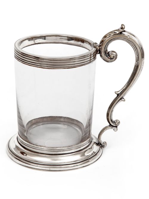 antique half pint mug with clear glass body and silver plate mounts - CATEGORY: ANTIQUE SILVER - DATED 1890