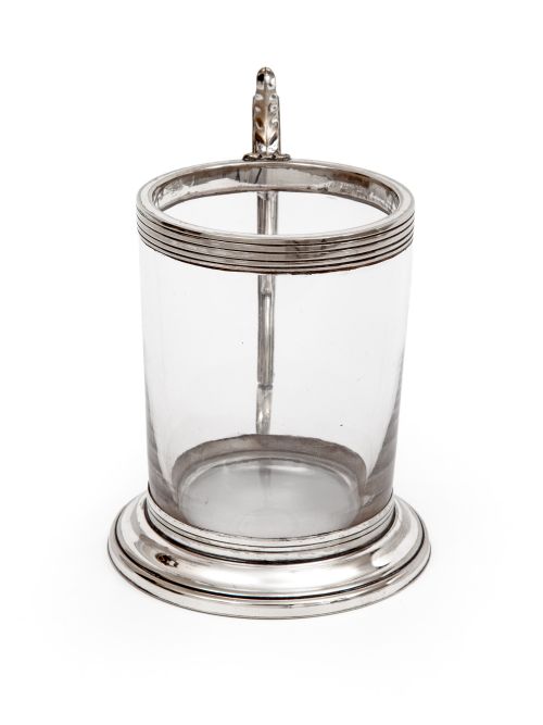 ANTIQUE HALF PINT MUG WITH CLEAR GLASS BODY AND SILVER PLATE MOUNTS - ADDITIONAL PHOTO 1