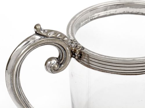 ANTIQUE HALF PINT MUG WITH CLEAR GLASS BODY AND SILVER PLATE MOUNTS - ADDITIONAL PHOTO 2