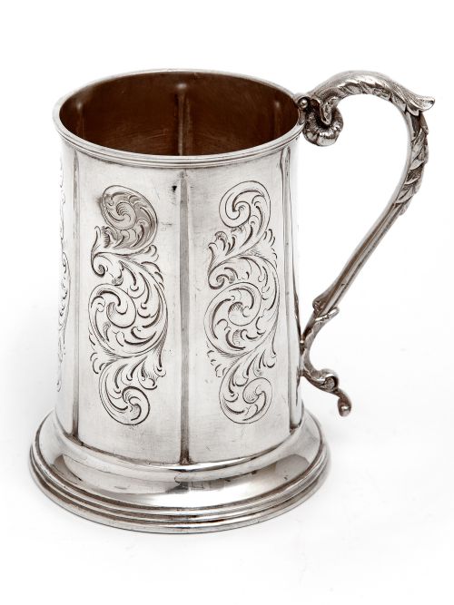 antique silver plate christening mug with a cast scroll and leaf handle - CATEGORY: ANTIQUE SILVER - DATED 1890