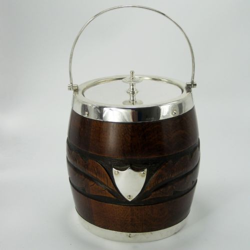 edwardian silver plate and carved oak barrel with carved band of foliage - CATEGORY: ANTIQUE SILVER - DATED 1910