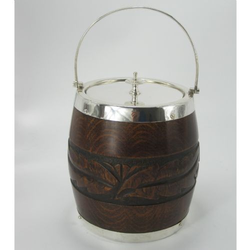 EDWARDIAN SILVER PLATE AND CARVED OAK BARREL WITH CARVED BAND OF FOLIAGE - ADDITIONAL PHOTO 2