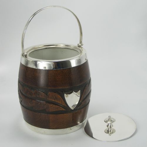 EDWARDIAN SILVER PLATE AND CARVED OAK BARREL WITH CARVED BAND OF FOLIAGE - ADDITIONAL PHOTO 3
