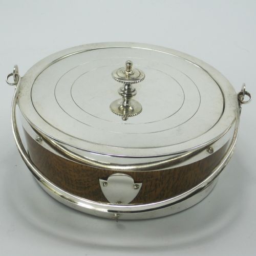 silver plate and oak swing handle butter or preserve dish - CATEGORY: ANTIQUE SILVER - DATED 1900