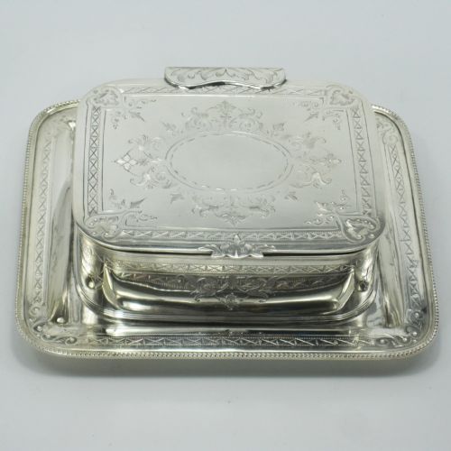 victorian silver plated butter or preserve dish with glass liner - CATEGORY: ANTIQUE SILVER - DATED 1890