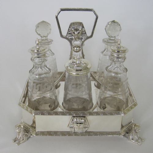 victorian novelty silver plated six bottle cruet set in an egyptian style - CATEGORY: ANTIQUE SILVER - DATED 1880