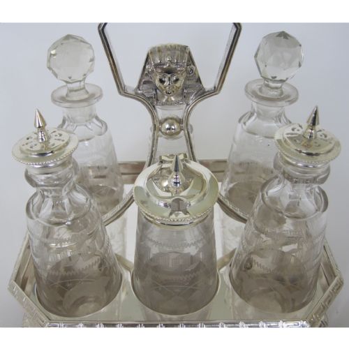 VICTORIAN NOVELTY SILVER PLATED SIX BOTTLE CRUET SET IN AN EGYPTIAN STYLE - ADDITIONAL PHOTO 4