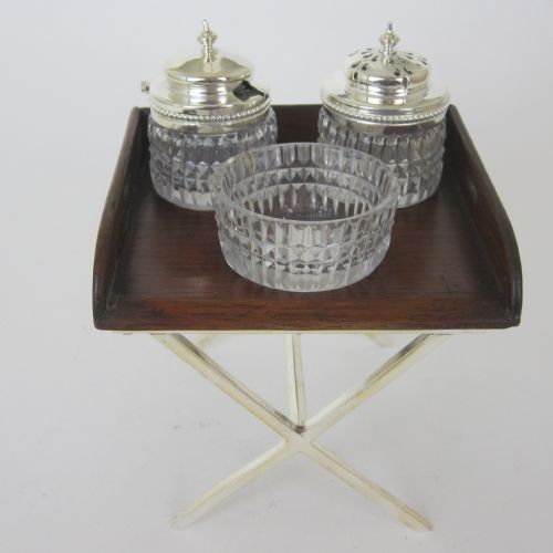 victorian oak and silver plate novelty butler style tray 3 bottle cruet stand - CATEGORY: ANTIQUE SILVER - DATED 1890