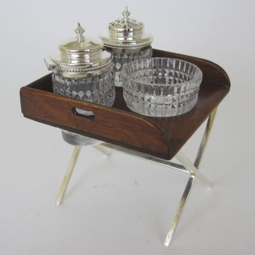 VICTORIAN OAK AND SILVER PLATE NOVELTY BUTLER STYLE TRAY 3 BOTTLE CRUET STAND - ADDITIONAL PHOTO 1