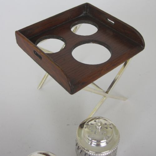 VICTORIAN OAK AND SILVER PLATE NOVELTY BUTLER STYLE TRAY 3 BOTTLE CRUET STAND - ADDITIONAL PHOTO 3