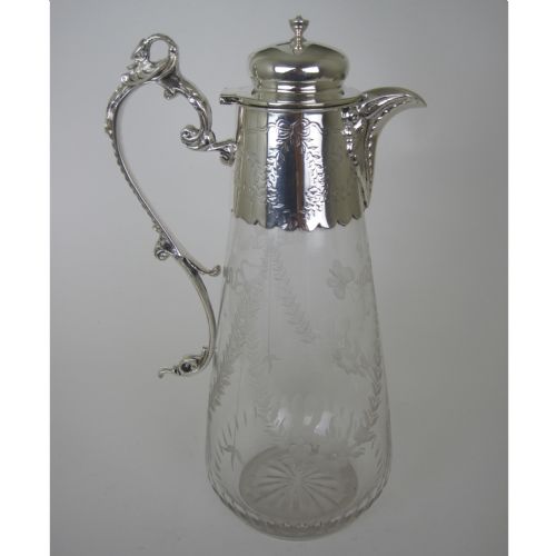 engraved glass and silver plate claret jug with swan motif - CATEGORY: ANTIQUE SILVER - DATED 1890