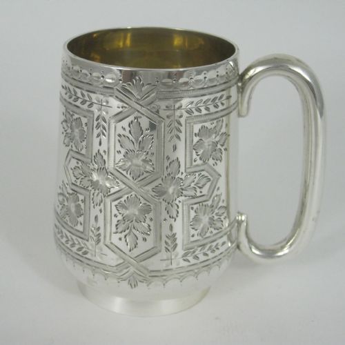 victorian silver engraved child christening mug with looped handle - CATEGORY: ANTIQUE SILVER - DATED 1880