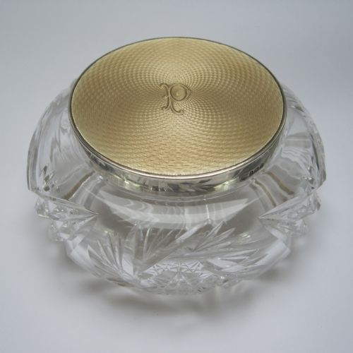 large champagne colour english silver guilloche enamel jar - CATEGORY: ANTIQUE SILVER - DATED 1930