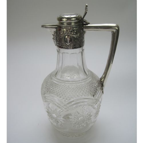 late victorian silver and cut glass claret jug with hinged domed floral lid - CATEGORY: ANTIQUE SILVER - DATED 1890
