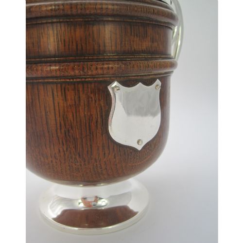 LATE VICTORIAN OAK AND SILVER PLATED URN SHAPED BARREL OR ICE PAIL - ADDITIONAL PHOTO 2
