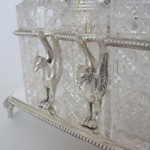 6 BOTTLE VICTORIAN SILVER PLATED CRUET SET WITH LOOP CAST FIGURAL HANDLE - ADDITIONAL PHOTO 3