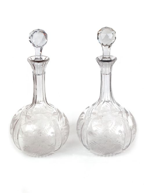 pair of antique engraved glass decanters with engraved onion shaped bodies - CATEGORY: ANTIQUE GLASS - DATED 1890