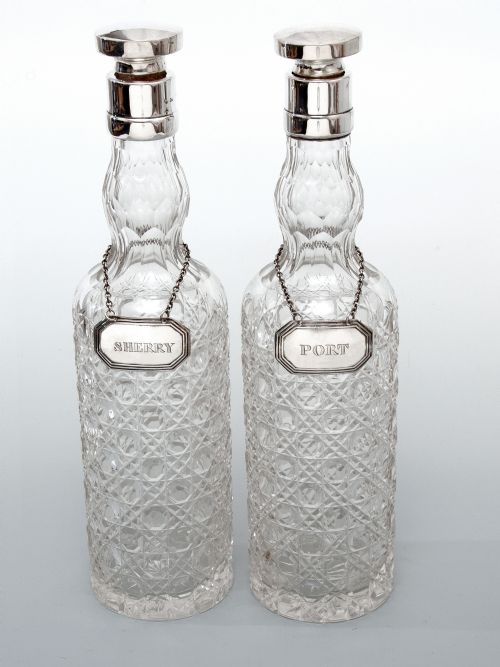 pair of chester silver spirit decanters with hobnail cut glass bodies - CATEGORY: ANTIQUE SILVER - DATED 1900