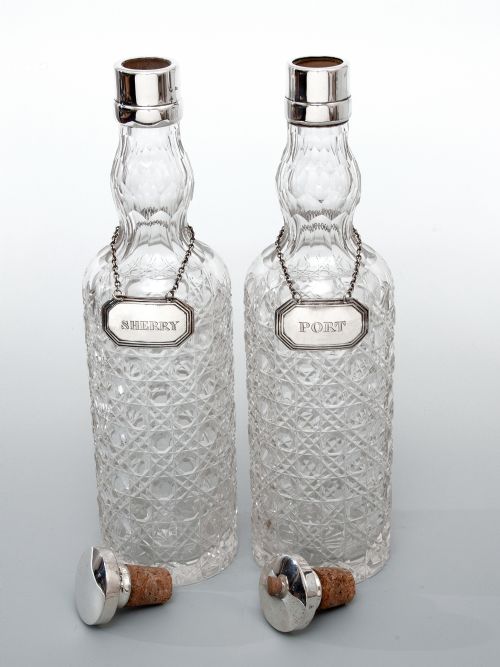 PAIR OF CHESTER SILVER SPIRIT DECANTERS WITH HOBNAIL CUT GLASS BODIES - ADDITIONAL PHOTO 1