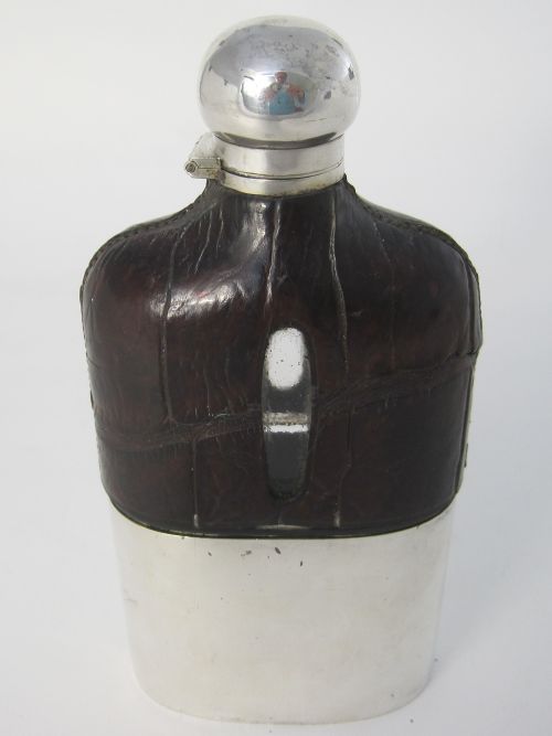 impressive large crocodile and silver plated hip flask and cup - CATEGORY: ANTIQUE SILVER - DATED 1920