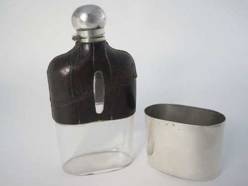 IMPRESSIVE LARGE CROCODILE AND SILVER PLATED HIP FLASK AND CUP - ADDITIONAL PHOTO 3