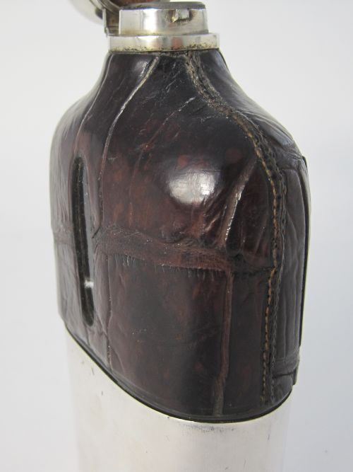 IMPRESSIVE LARGE CROCODILE AND SILVER PLATED HIP FLASK AND CUP - ADDITIONAL PHOTO 4