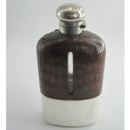 large 16 fl oz edwardian silver plate and crocodile leather hip flask - CATEGORY: ANTIQUE SILVER - DATED 1910