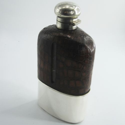 LARGE 16 FL OZ EDWARDIAN SILVER PLATE AND CROCODILE LEATHER HIP FLASK - ADDITIONAL PHOTO 1