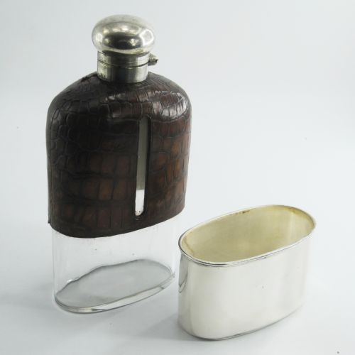 LARGE 16 FL OZ EDWARDIAN SILVER PLATE AND CROCODILE LEATHER HIP FLASK - ADDITIONAL PHOTO 2