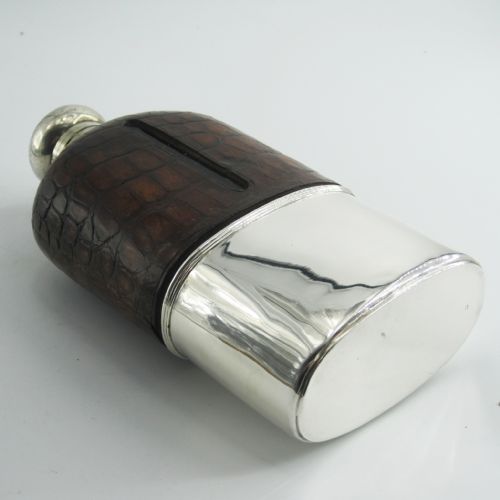 LARGE 16 FL OZ EDWARDIAN SILVER PLATE AND CROCODILE LEATHER HIP FLASK - ADDITIONAL PHOTO 5