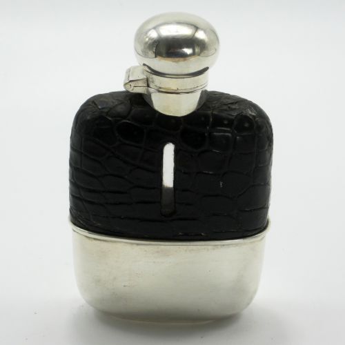 quality silver plate and leather crocodile hip flask - CATEGORY: ANTIQUE SILVER - DATED 1930