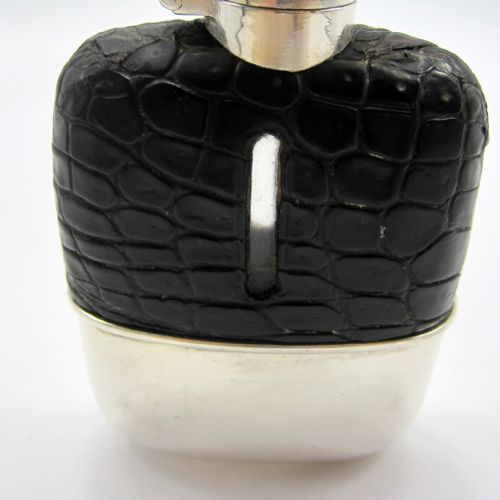 QUALITY SILVER PLATE AND LEATHER CROCODILE HIP FLASK - ADDITIONAL PHOTO 1