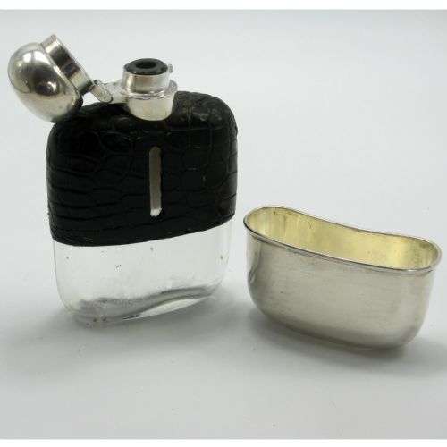 QUALITY SILVER PLATE AND LEATHER CROCODILE HIP FLASK - ADDITIONAL PHOTO 2