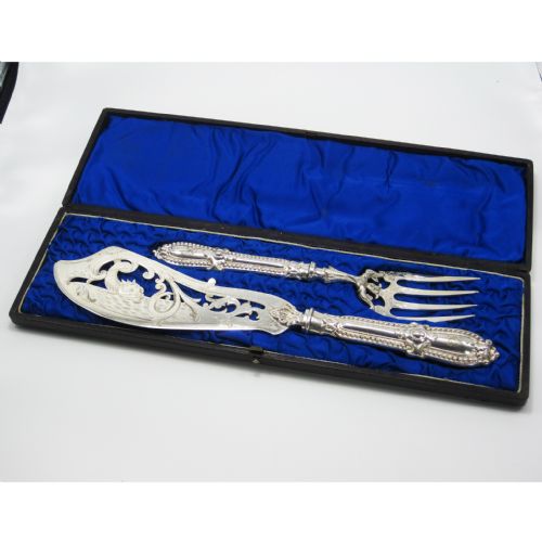 pair of boxed victorian silver plated fish servers engraved with dolphins and scrolls - CATEGORY: ANTIQUE SILVER - DATED 1880