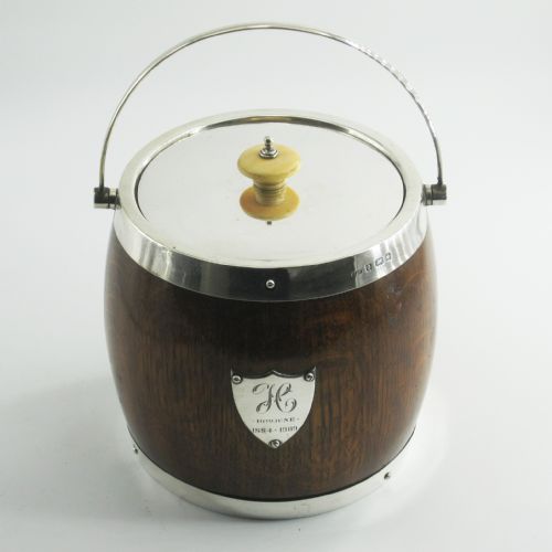 unusual edwardian silver mounted oak barrel with pottery liner - CATEGORY: ANTIQUE SILVER - DATED 1900