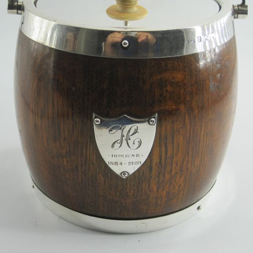 UNUSUAL EDWARDIAN SILVER MOUNTED OAK BARREL WITH POTTERY LINER - ADDITIONAL PHOTO 2