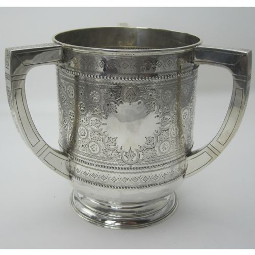 Victorian Silver Loving Cup with Three Squared Engraved Handles