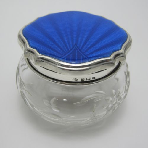 silver and dark blue gilloche enamel dressing jar - CATEGORY: ANTIQUE SILVER - DATED 1930