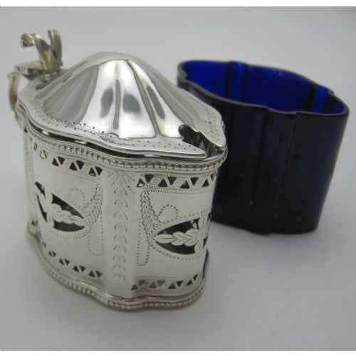 THOMAS BRADBURY SON SILVER MUSTARD POT WITH ORIGINAL BLUE GLASS LINER - ADDITIONAL PHOTO 3
