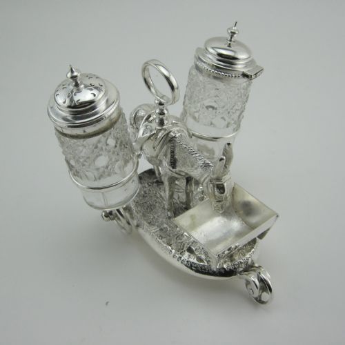 victorian cast novelty silver plated cruet set with standing donkey - CATEGORY: ANTIQUE SILVER - DATED 1880