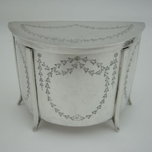 unusual half moon sterling silver tea caddy or trinket box - CATEGORY: ANTIQUE SILVER - DATED 1920