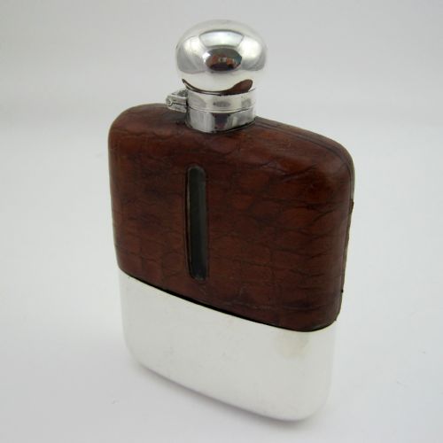 sterling silver and crocodile leather hip flask - CATEGORY: ANTIQUE SILVER - DATED 1930