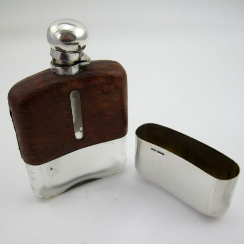 STERLING SILVER AND CROCODILE LEATHER HIP FLASK - ADDITIONAL PHOTO 3