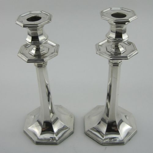 pair of silver candlesticks with plain panelled columns - CATEGORY: ANTIQUE SILVER - DATED 1910