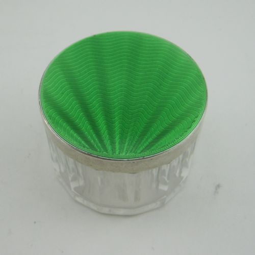 silver and green guilloche enamel lidded jar - CATEGORY: ANTIQUE SILVER - DATED 1930