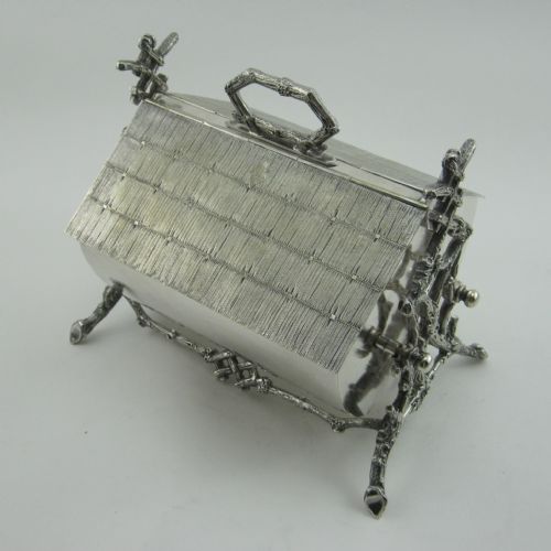 unusual victorian silver plated biscuit box with thatched roof effect - CATEGORY: ANTIQUE BOXES - DATED 1880