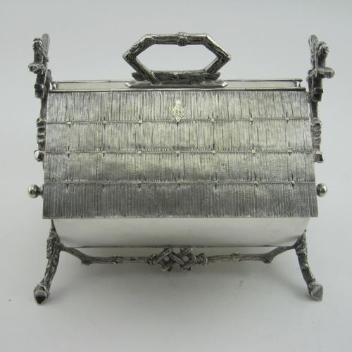 UNUSUAL VICTORIAN SILVER PLATED BISCUIT BOX WITH THATCHED ROOF EFFECT - ADDITIONAL PHOTO 1