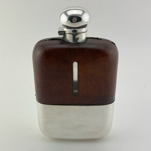 large goliath style silver plated and leather hip flask - CATEGORY: ANTIQUE SILVER - DATED 1920