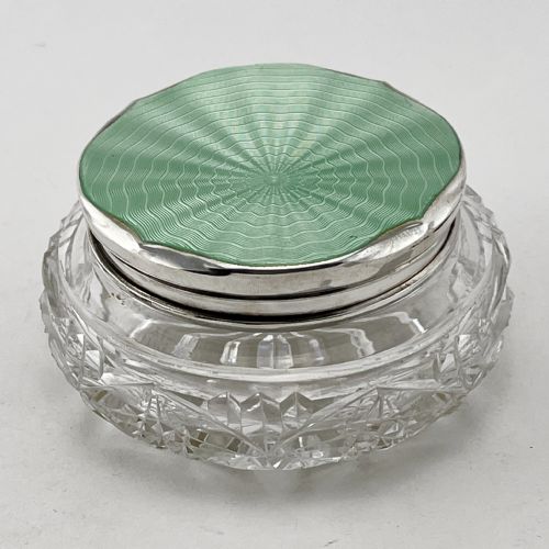 circular art deco style green guilloche enamel dressing table jar - CATEGORY: ANTIQUE GLASS - DATED 1930
