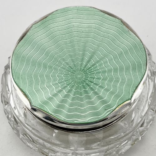CIRCULAR ART DECO STYLE GREEN GUILLOCHE ENAMEL DRESSING TABLE JAR - ADDITIONAL PHOTO 1